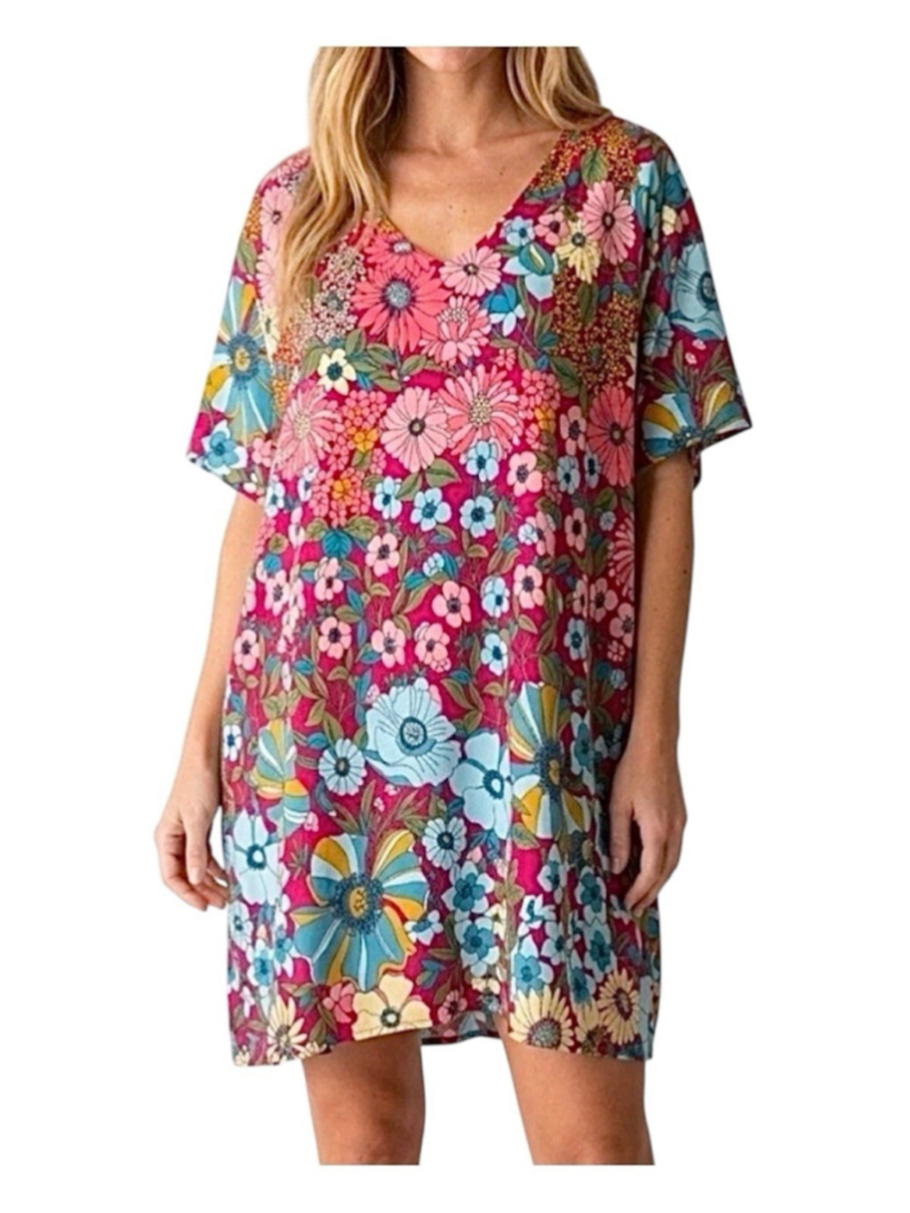 Natural Life Floral Boho Shift Dress Large Beach Resort Summer Vacation Colorful